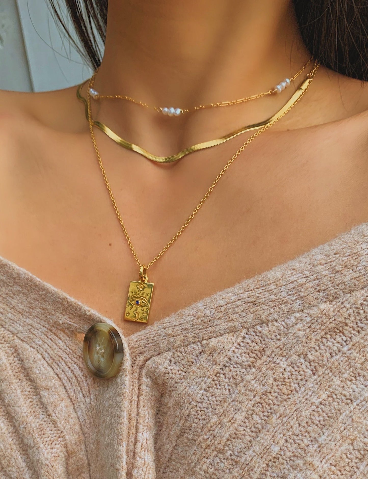 Gold Plated Square Tarot Card Amulet and Chain